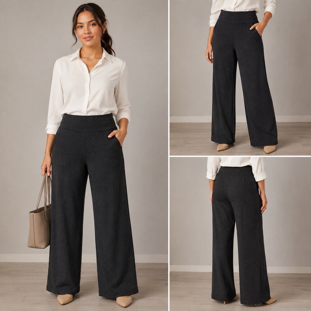 KiraGrace Plaid Wide Leg Pull On Pants XL Dark Gray Career Casual Comfy USA